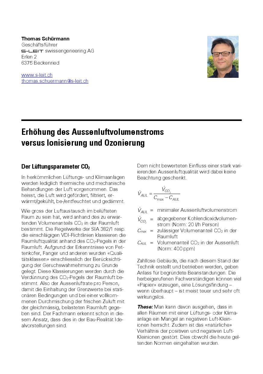 Fachaufsatz zu: Erhöhung der Aussenluftrate versus Ionisierung und Ozonisierung, SWKI/VDI Hygienetagung 2013